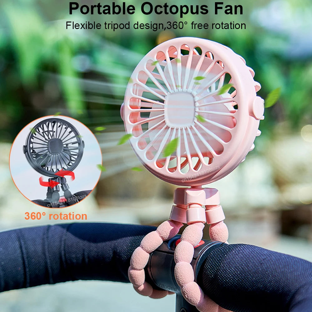 Mini Clip Fan Portable Stroller Fan Smart Octopus Fan Handheld Fan 360° Rotate Bike Car Tripod Fan Rechargeable Clip Fan