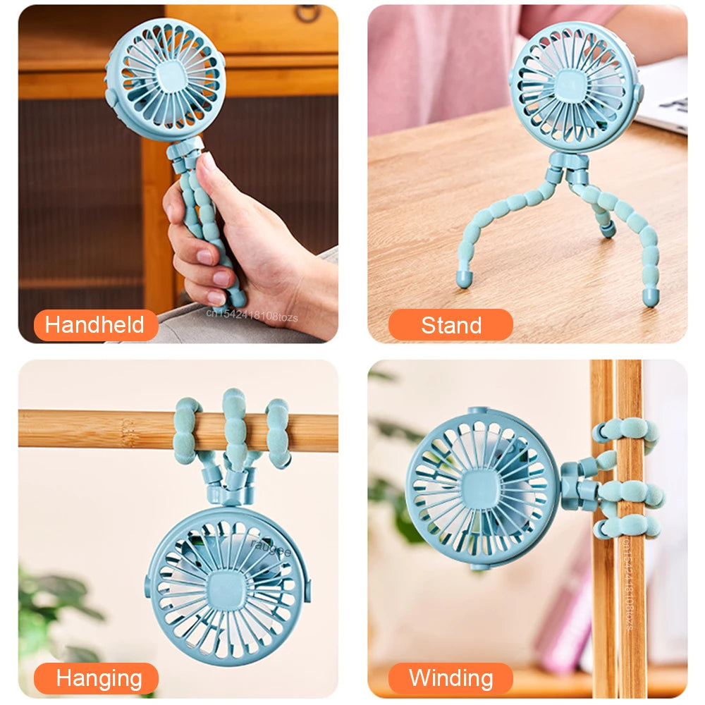 Mini Clip Fan Portable Stroller Fan Smart Octopus Fan Handheld Fan 360° Rotate Bike Car Tripod Fan Rechargeable Clip Fan